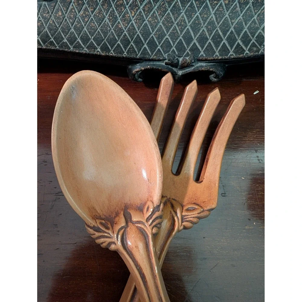 Vintage 1961 Large Ceramic 16in Fork and Spoon Wall Decor Set Faux Wood